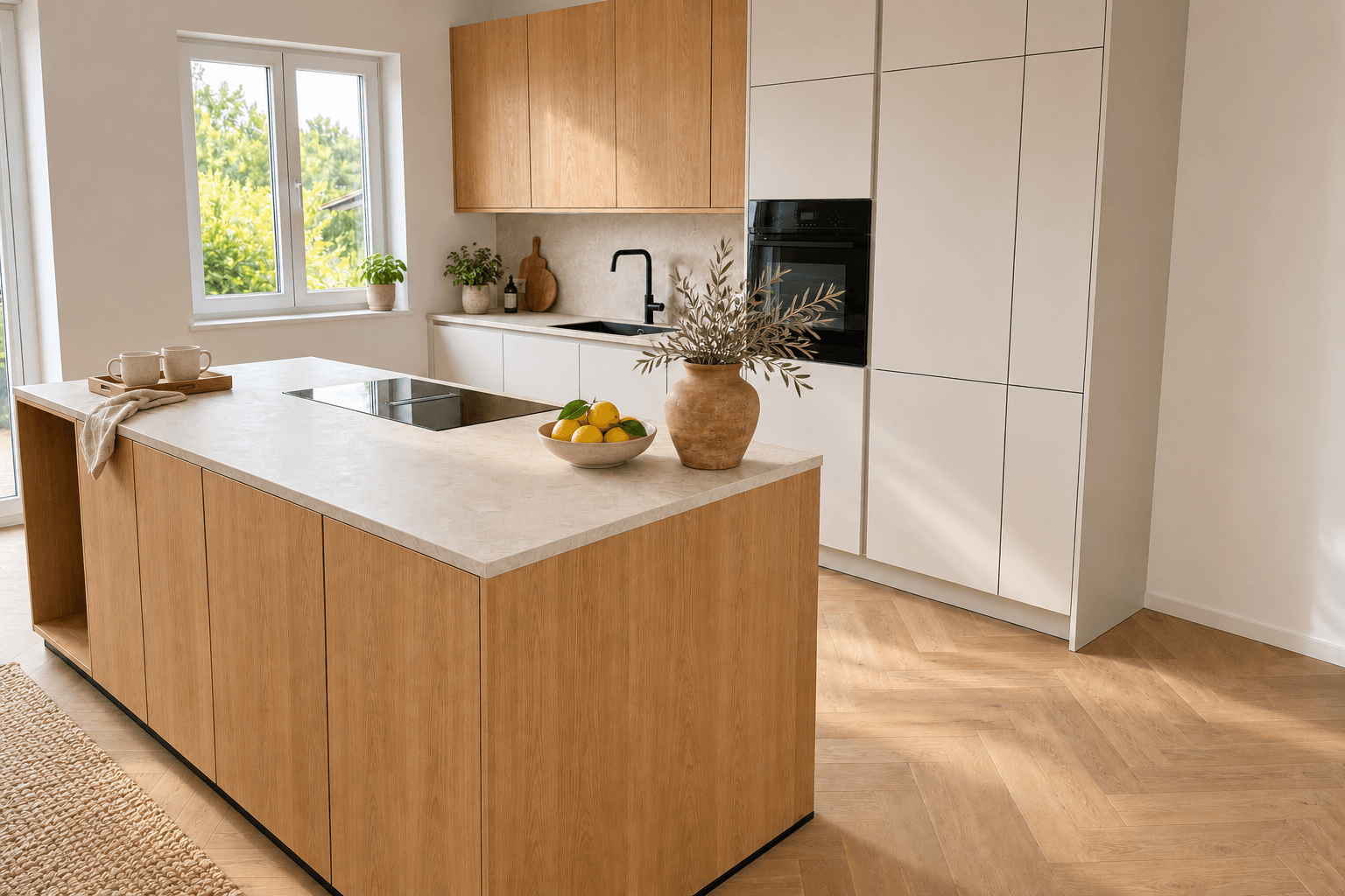 La misma cocina editada con IA: ordenada, luminosa y decorada