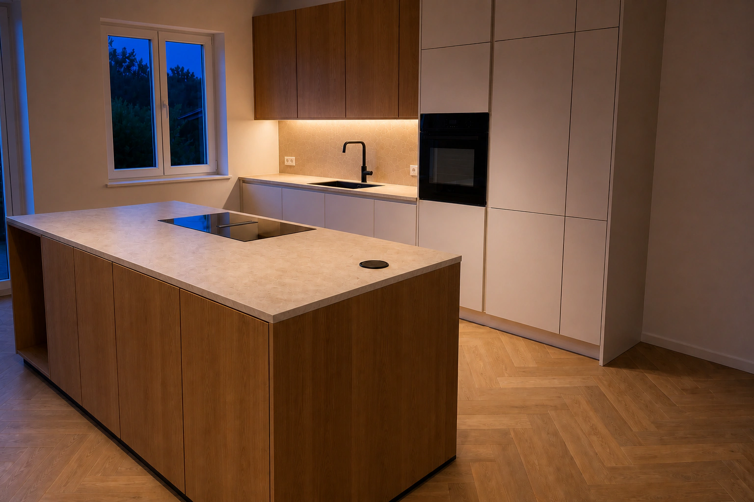 Dieselbe moderne Küche mit eleganter Abendbeleuchtung zur Blue Hour