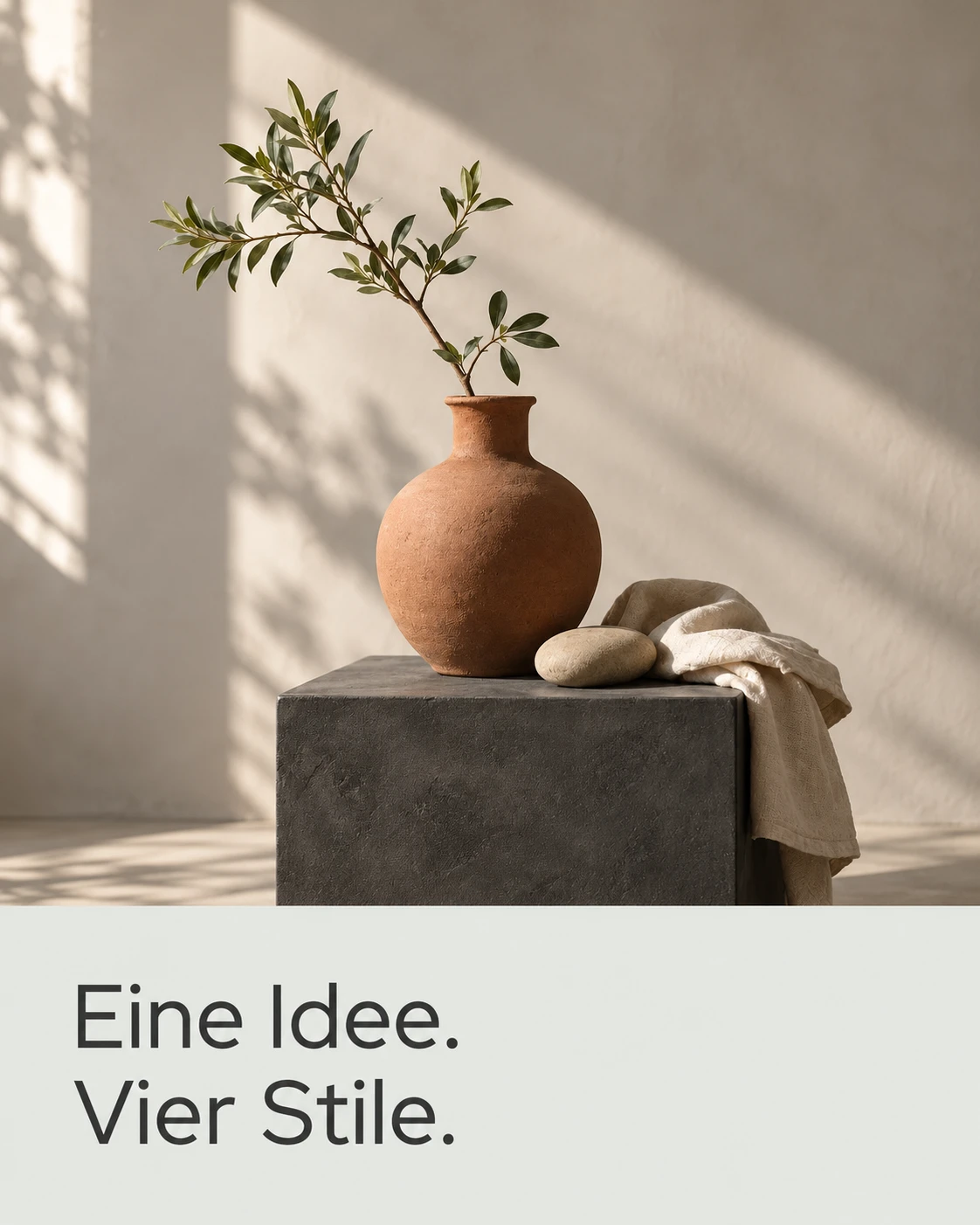 Minimalistischer Stil: ruhiges Stillleben, viel Freiraum und zurückhaltende Schrift.