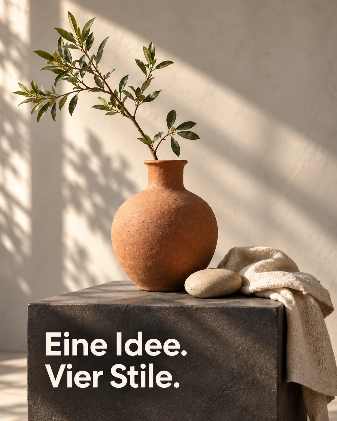 Fotobetonter Stil: ein großflächiges Stillleben mit weißer Überschrift im Bild.